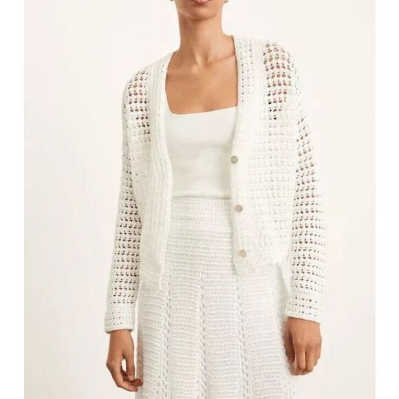 Vince Cardigan Women's XL White Organic Cotton Open Knit Crochet Cottage Coastal - Picture 1 of 5